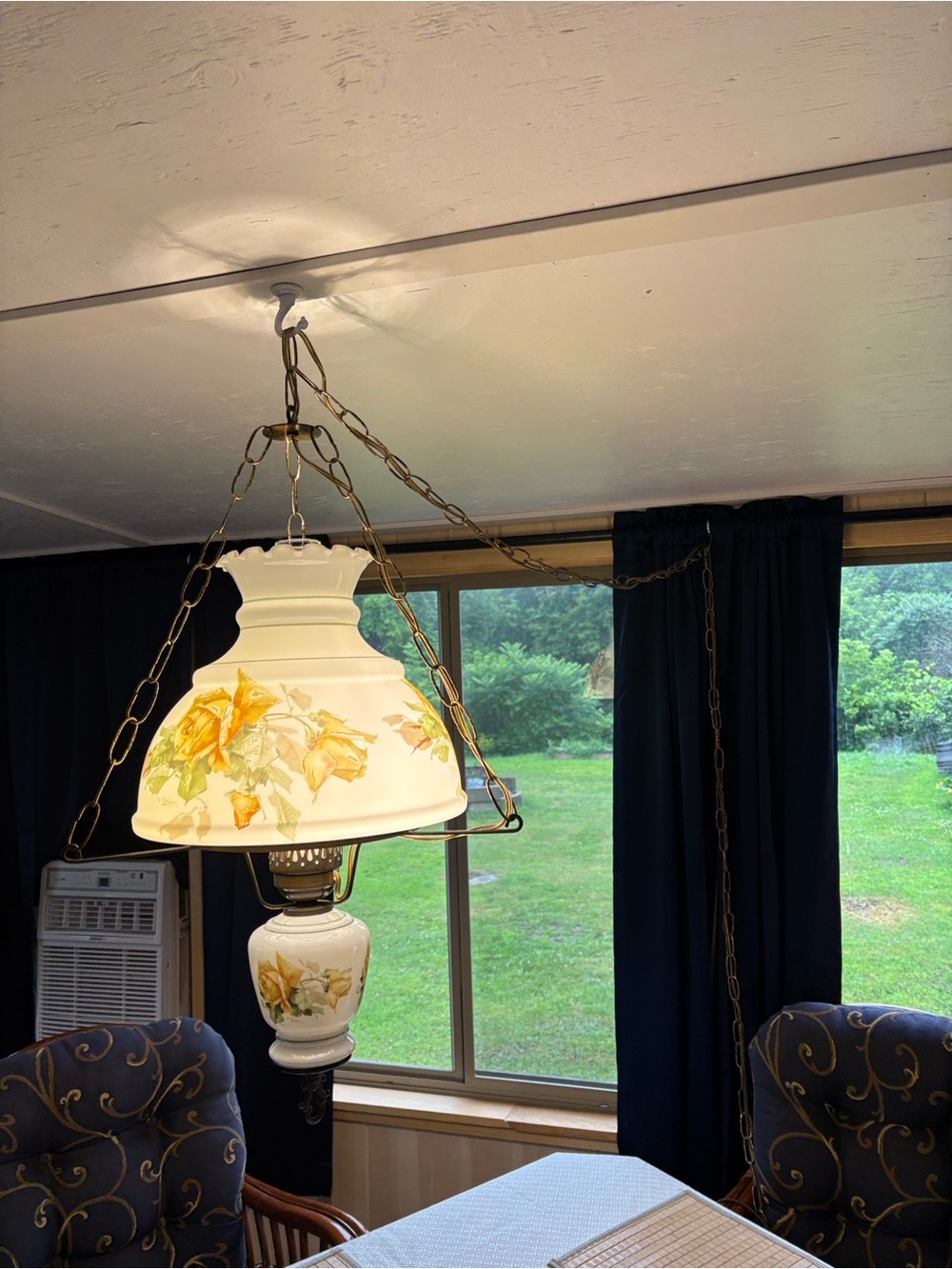 Beautiful vintage pendant Lamp 28” 
Hade painted in yellow rose motif